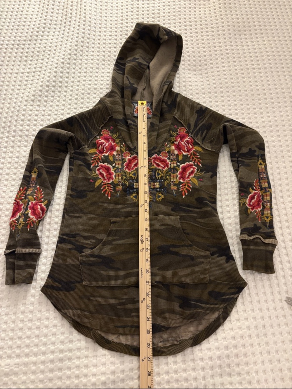 Johnny Was Olive Camo Waffle-Knit Hoodie with Pink Floral Embroidery BOHO SZ XS - Picture 6 of 6